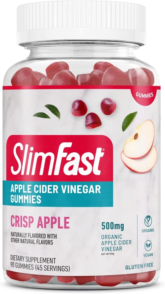 SlimFast Apple Cider Vinegaver, Kosttilskud med 500mg Økologisk Apple Cider Vinegaver Servering, Crisp Apple Flavor, 45 Servering (Packaging May Vary)