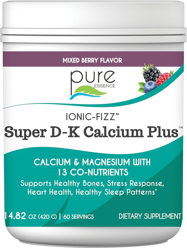 Ionic Fizz Super D- K Calcium Plus af Pure Essence - med Extra Magnesium, D3-vitamin, K2-vitamin for stærke ben og stress support - blandet berry - 14.82oz