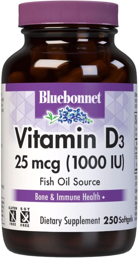 Bluebonnet Nutrition Vitamin D3 1000 IE Softgels, Aids in Muscle and Skeletal Growth, Cholecalciferol from Fish Oil, Non GMO, Gluten Free, Soy Free, Dairy Free, 250 Softgels