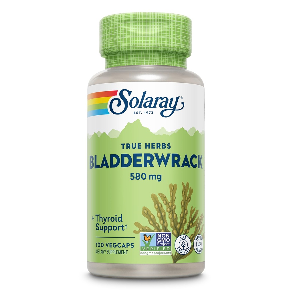 SOLARAY Bladderwrack kapsler 580 mg - Nutrient- Packed Seaweed Supplement, Høj iod - Balanceret urtestøtte - Vegan, Non- GMO, 60- dag garanti, Lab Verified - 100 Servere, 100 VegCaps