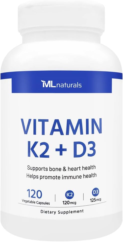 ML Naturals Vitamin K2 + D3 120 Vegetabilske kapsler, NSF- Certified & cGMP- Compliant