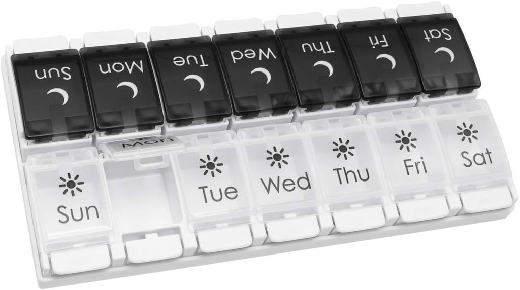 EZY DOSE trykknap (7-dag) Pill Case, Medicine Planner, Vitamin Organizer, 2 gange om dagen AM / PM, Aftagelige bakker, Store kompartmenter, Gigt Friendly, Spring Open Black og White Lids, BPA Free