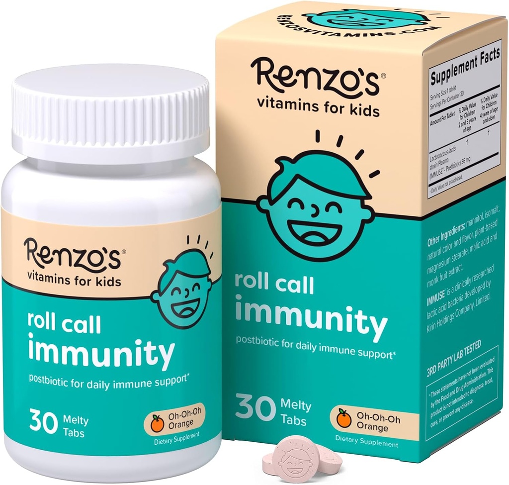 Renzos Roll Call Immunity - Opløselige børn immunforsvar supplement med IMMUSE Postbiotisk, sukkerfri børn vitaminer, 30 Orange- aromatiserede smeltetabletter