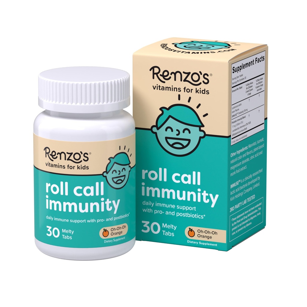 Renzos Roll Call Immunity - Opløselige børn immunforsvar supplement med IMMUSE Postbiotisk, sukkerfri børn vitaminer, 30 Orange- aromatiserede smeltetabletter