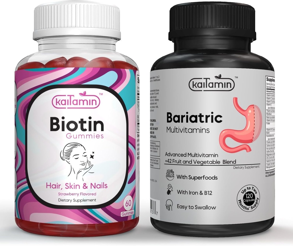 Bariatric Multivitamin med jern til post- Bariatric Kirurgi + Biotin vitamin B7 Gummies 5000 mcg per servering - med hyldebær og kokosolie (Bundle)