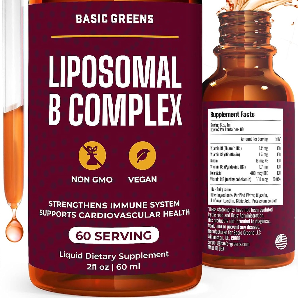 Liposomal B Vitamin Complex Flydende - Høj Absorption for energi, hjerne & hudsundhed, hår & negle, Advanced Liposomal Levering, Vegan, Non- GMO, 2 Fl Oz