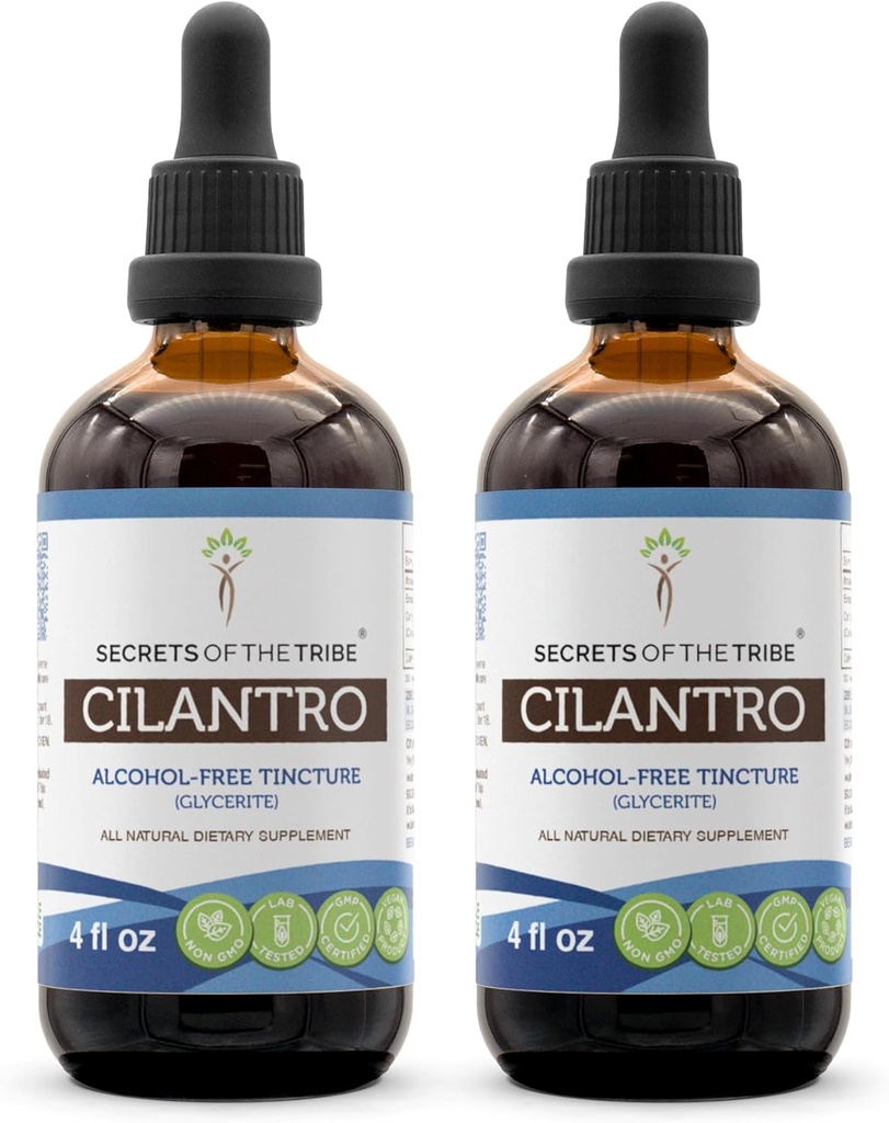 Secrets of the Tribe Cilantro Alcohol- Free Liquid Extract, Cilantro Tørret Leaf Tincture Supplement (2x4 FL OZ)