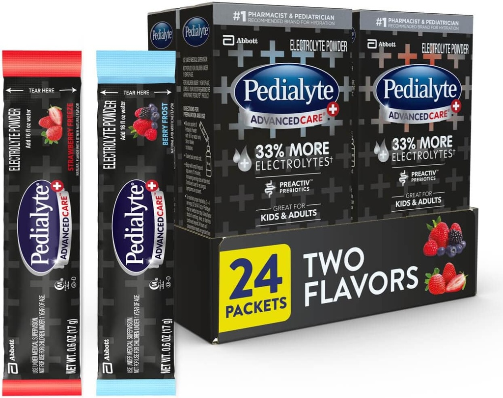 Pedialyte AdvancedCare Plus Electrolyte Powder, Has 33% More Electrolytes and PreActiv Prebiotics, Variety Pack: Berry Frost and Strawberry Freeze, 24 Powder Packets