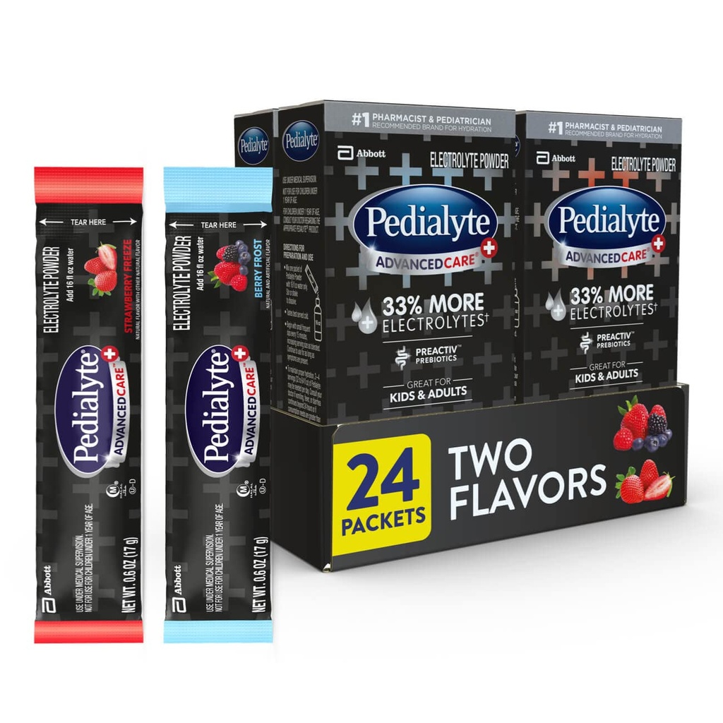 Pedialyte AdvancedCare Plus Electrolyte Powder, har 33% flere Elektrolyter og PreActiv Prebiotika, Variety Pack: Berry Frost og Strawberry Fryse, 24 Powder Packets