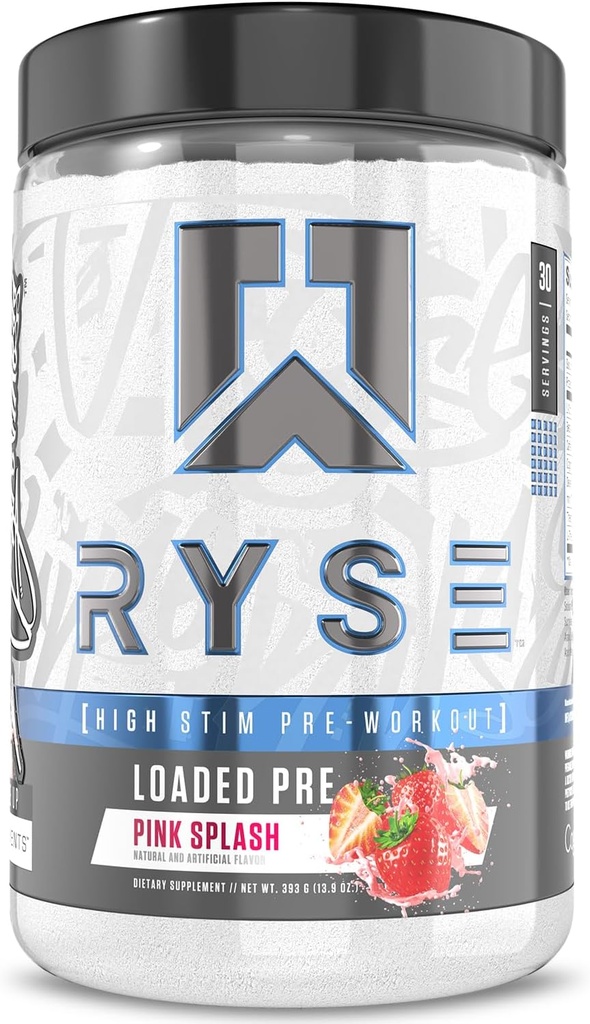 RYSE Loaded Pre Workout Powder - Pink Splash - Daglig Pre-Workout for Mænd og Kvinder med 390mg Koffein, Beta Alanine, og Citrullin til Pump, Focus og Energi - 30 Servering
