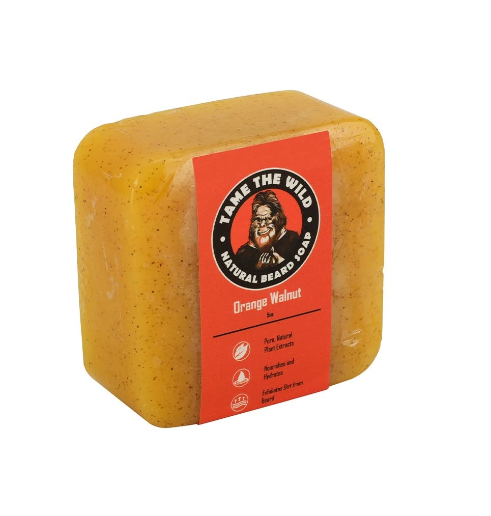 TAME OF WILD Orange Walnut Beard Soap Bar - 5 oz Exfoliating Beard Wash and Face Scrub - Shea Butter and Coconut Oil Cleanser - Hydrating Grooming Sæbe - Faderens Day Gaver