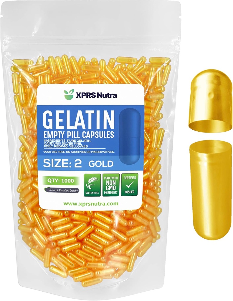 XPRS Nutra Størrelse 2 Tomme kapsler - 1000 Tomme Gelatine kapsler - Piller selv Capsule Fyldning - Pure Bovin Pill Gel Caps til Do- It- Yourself Kosttilskud (Guld)