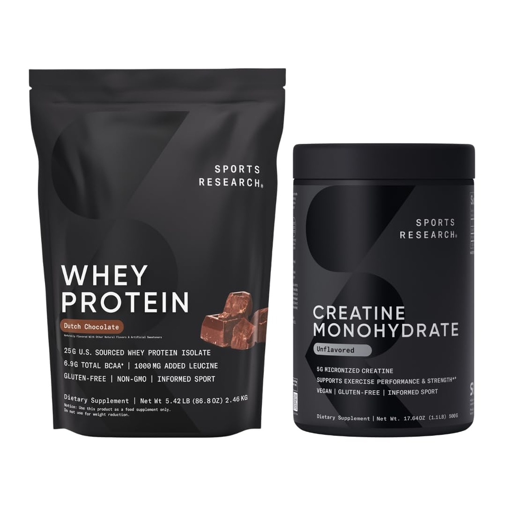 Sports Research ® Creatinine Monohydrat (1.1 LBS) og Hollandsk Chokolade Whey Protein (5.42 LBS), The Dynamic Duo for Lean Muscle Building, Forbedret ydeevne og styrke & workout Inddrivelse