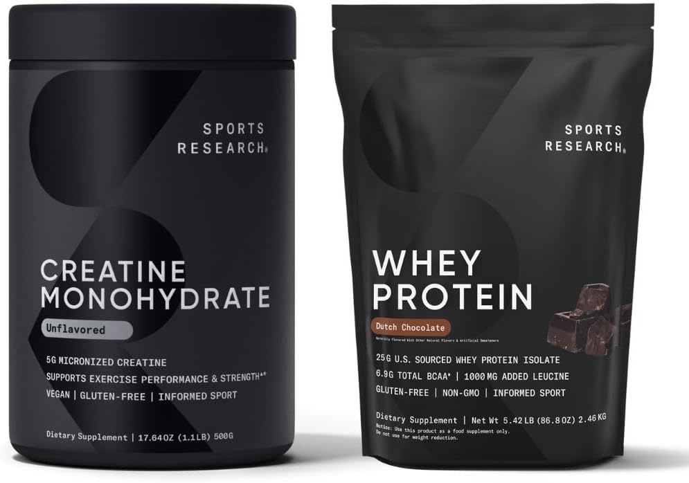 Sports Research Creatinine Monohydrat (1.1 LBS) og Hollandsk Chokolade Whey Protein (5.42 LBS), The Dynamic Duo for Lean Muscle Building, Forbedret ydeevne og styrke & workout Inddrivelse
