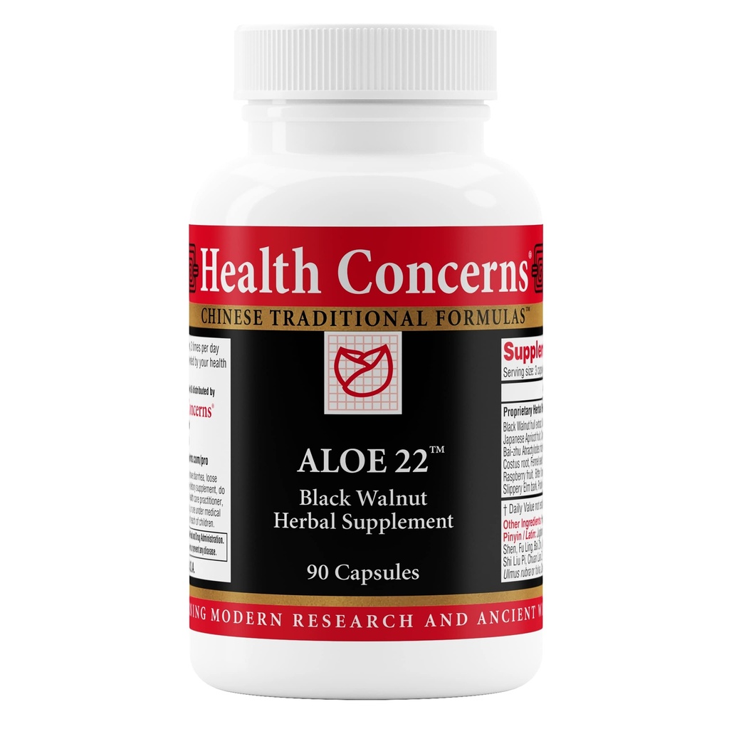 Sundhedsmæssige bekymringer Aloe 22 - fordøjelsesstøtte & Intestinal Rense - Forstoppelse, Bloating & Parasite Detox supplement - Sort valnød, Ingefær, Myrobalan & Aloe Vera Herbal Formel - 90 Kapsler