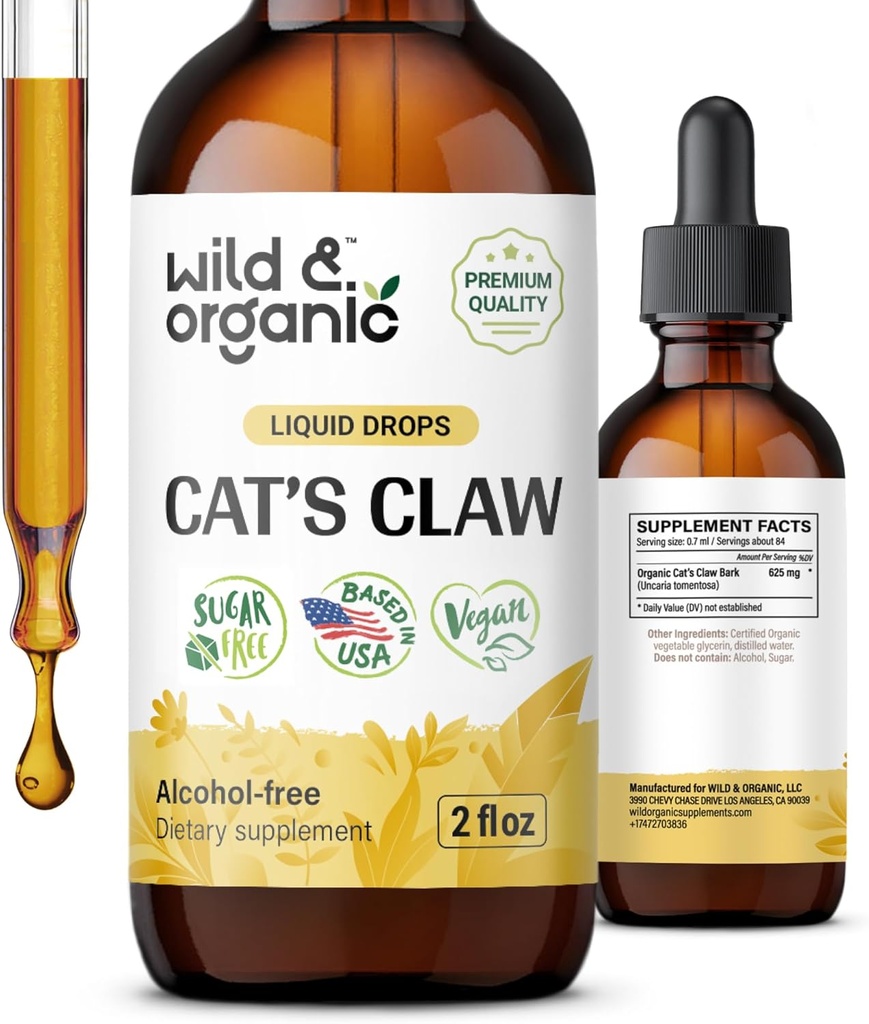 Wild & Organic Cats Claw Tinktur - immunsupport - flydende katte Claw Supplement - Vegan, Sukker & Alkohol- Free Bark Extract Drops - 2 fl oz