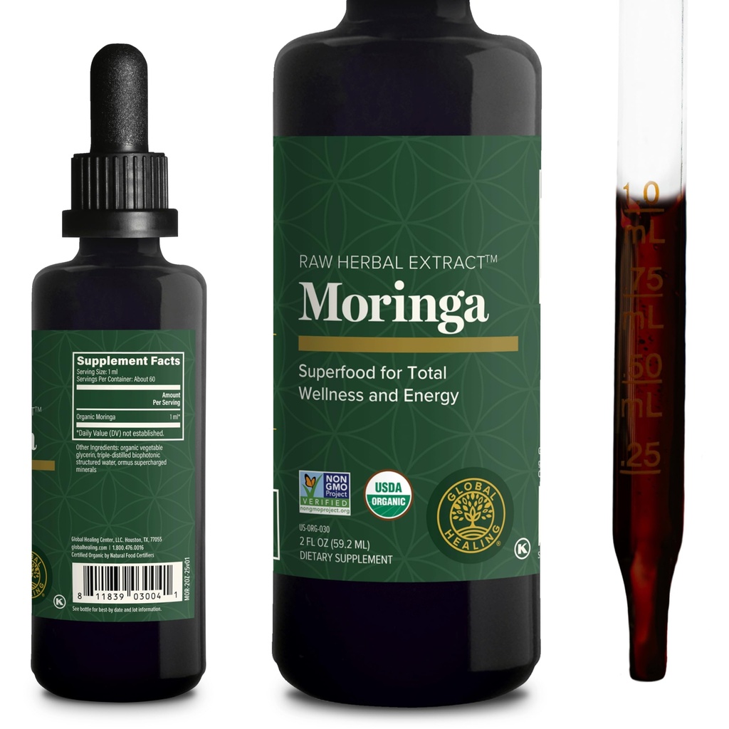 Global Healing Center - Organic Moringa Oleifera Extract Liquid Drops, Moringa Supplement- Vegan fra Tree Leaves- Max Absorption of Vitaminer and Minerals - Mere potens end Powder Form (2 Fl Oz)