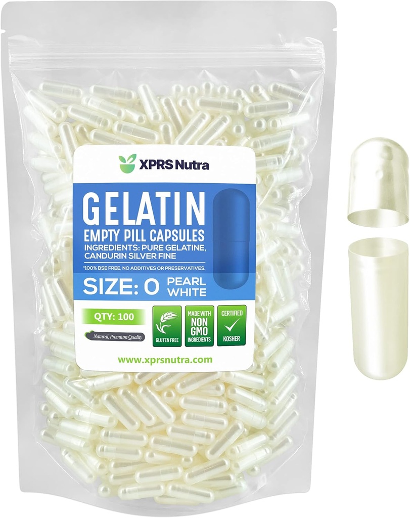XPRS Nutra Størrelse 0 Tomme kapsler - 500 Tomme Gelatine kapsler - Piller gør det selv Capsule Filling - Pure Bovin Pill Gel Caps til Do- It- Yourself Kosttilskud (Pearl White)