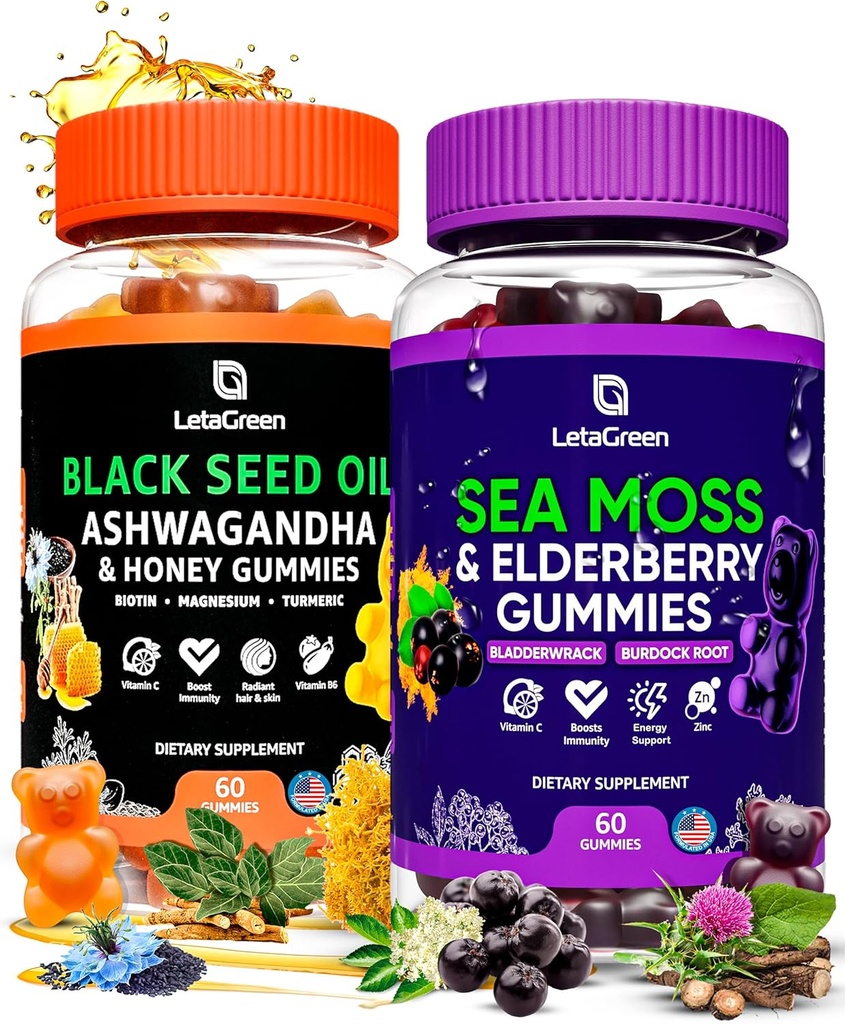 Irish Sea Moss and Black Seed Oil Gummies Bundle - 120 Vegansk Gummies Bears - Hyldebær til børn og voksne - Nigella Sativa med Ashwagandha & honning