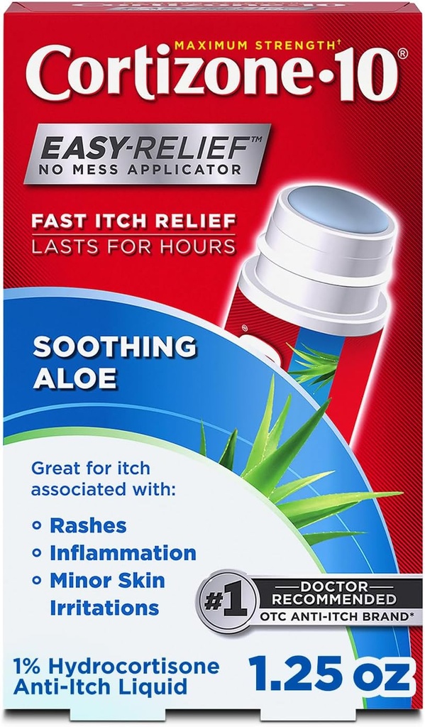 Kortison-10 Maksimal styrke Lindrende Aloe Itch Relief Ingen mess Applicator, 1% Hydrocortison, Fast- Actioning, Anti- Itch Væske til Bug Bites, Udslæt, Eksem, Psoriasis, Poison Ivy, Oak & Sumac, 1,25 fl oz
