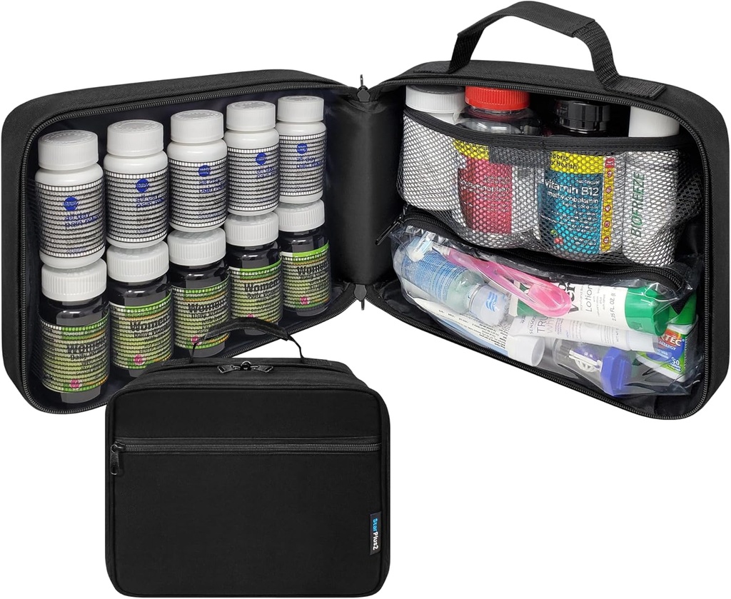 Stor pilleflaske Organizer, Medicine Bag, Carrier for Medicin, Vitaminer, og Medicinske Forsyninger - Rejse Medicin Organizer og Opbevaring Med Bag med Elastiske Bands - Sort (uden lås)