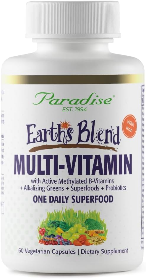 Paradise urter Jordens Blend Kvinder En gang Daglig Multivitamin med jern, 48 Økologiske superfødevarer, Probiotika, Antioxidanter, Vitamin A, B12, C, D, K2, 60 Kapsler