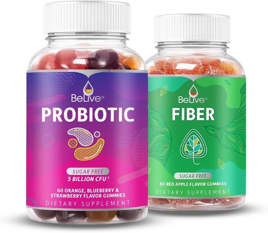 BeLive Digestive Bundle Probiotic and Fiber Gummies for Digestive and Gut Health, Sugar Free, Vegan