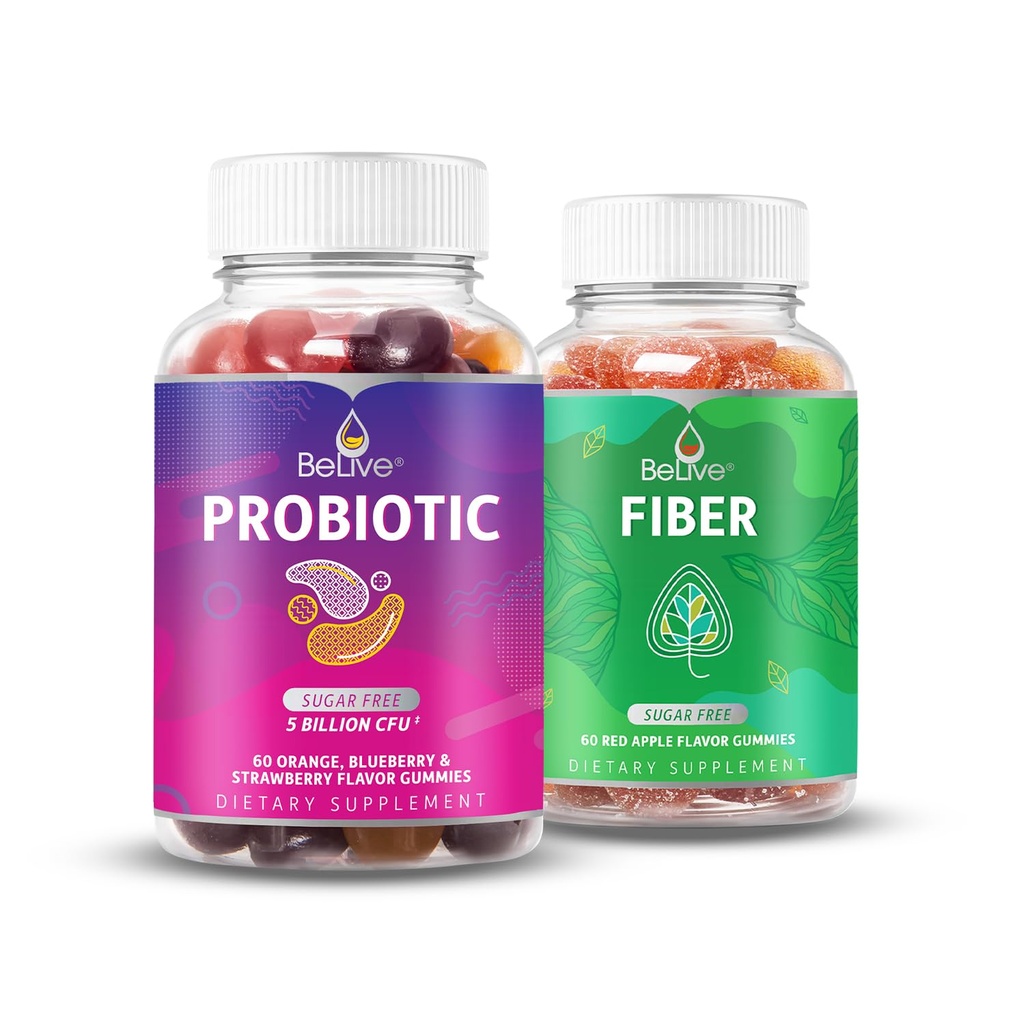 BeLive fordøjelsesmiddel Bundle Probiotiske og fibre gummier for fordøjelse og Gut sundhed, Sukker fri, Vegansk