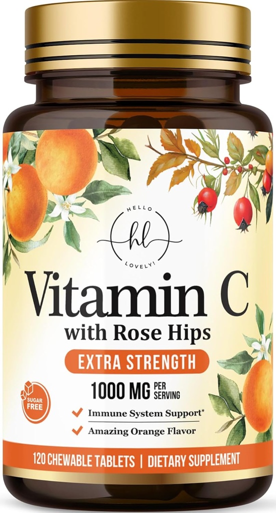 C-vitamin Supplement 1000mg - Ekstra styrke med Rose Hips Bioflavonoider - Sukker fri C-vitamin tyggetabletter, Naturens Vit C for immunforsvar & antioxidant beskyttelse - 120 tyggetabletter