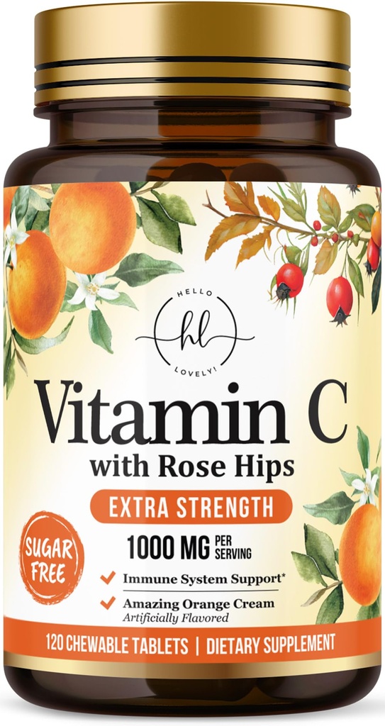 Vitamin C 1000mg Per Serving - Extra Strength with Rose Hips Bioflavonoids - Sugar Free Vitamin C Chewable Pills, Vit C Supplement for Immune Support & Antioxidant, USA Bottled - 120 Chewable Tablets