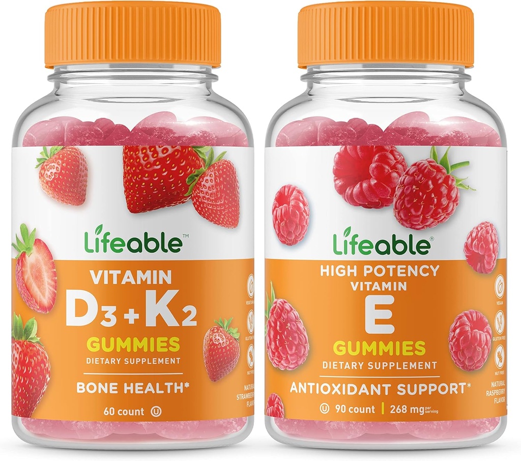 Lifeable Vitamin D3 + Vitamin K2 + Vitamin E, Gummies Bundle - Great Tasting, Vitamin Supplement, Gluten fri, GMO fri, Chewable Gummy