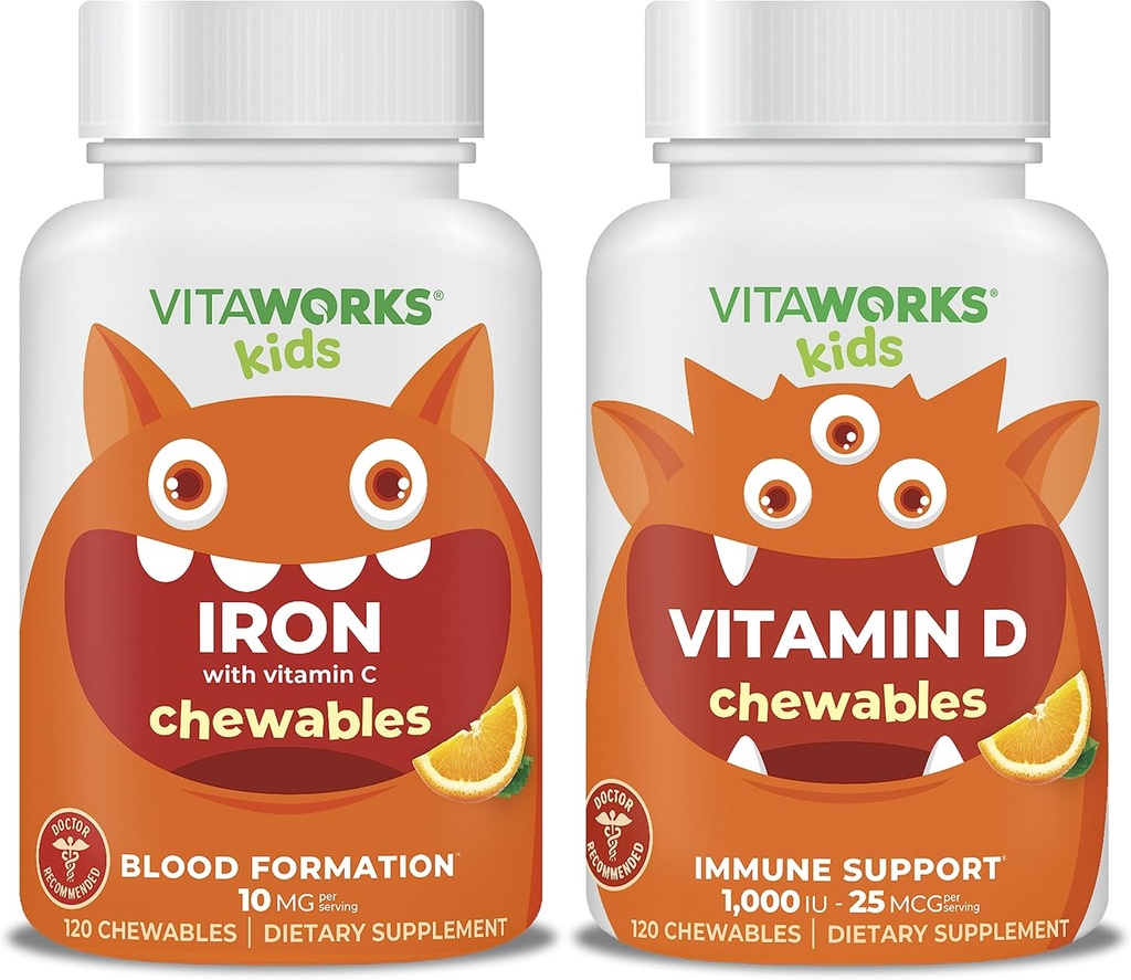 Kids Iron 10mg + C-vitamin tyggetabletter + vitamin D3 1000 IE tyggetabletter Bundle