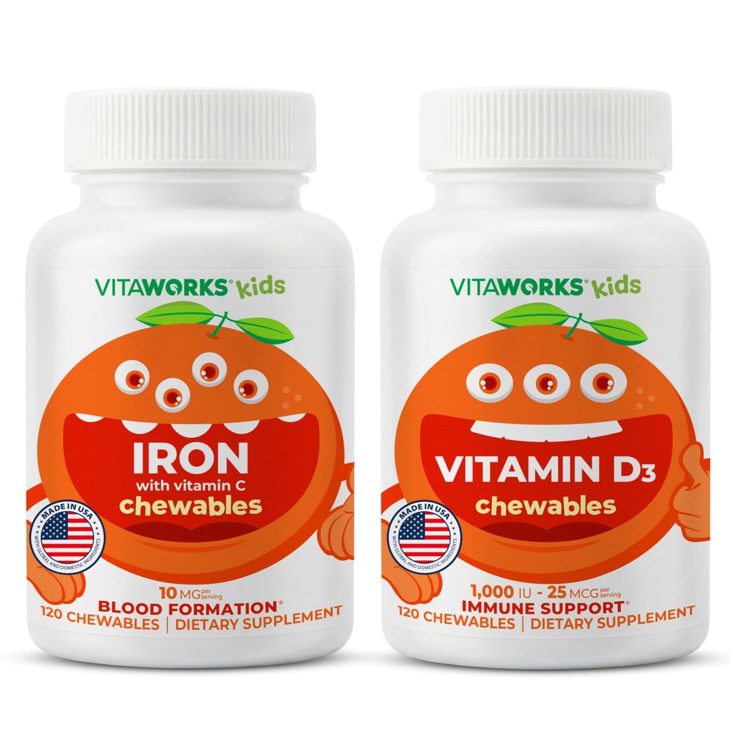 Kids Iron 10mg + C-vitamin tyggetabletter + vitamin D3 1000 IE tyggetabletter Bundle
