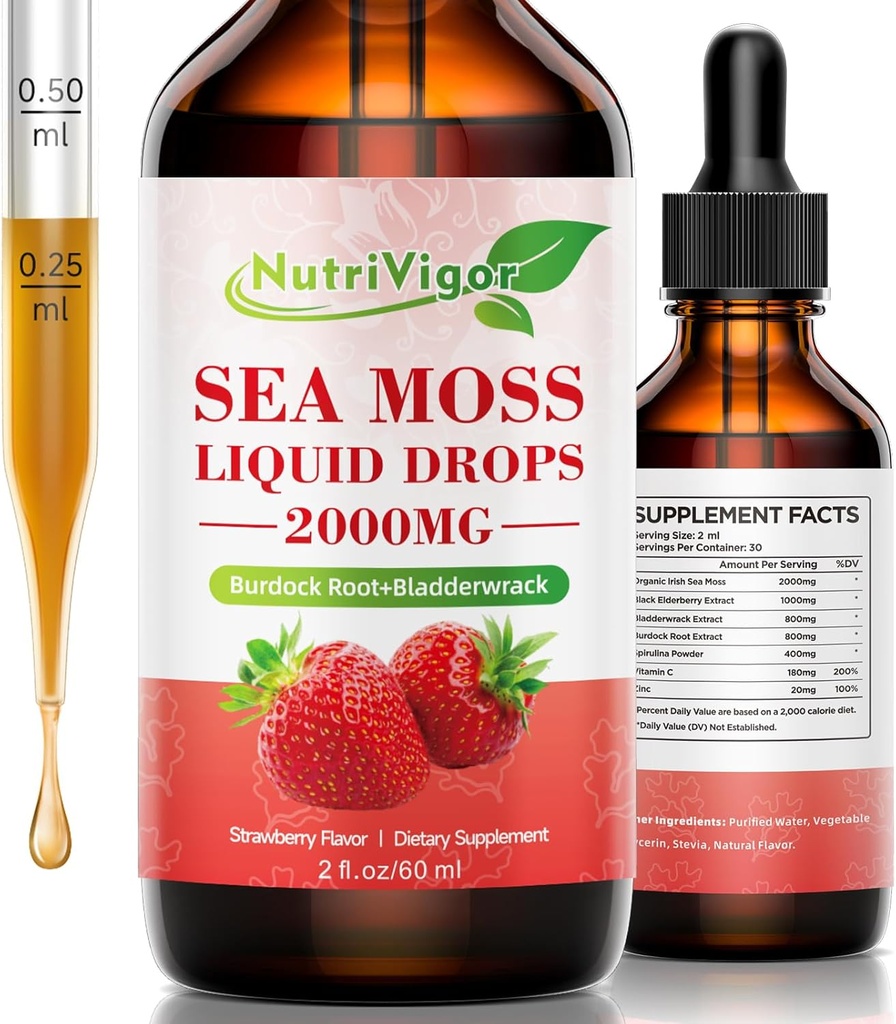 Sea Moss Liquid Drops - 2000mg Irish Sea Moss Supplement med Burdock Root & Bladerwrack, Qrganic Seamoss Raw for Immunity, fordøjelsesbesvær, Joint & Thyroid, Strawberry, 2 Fl. Oz / 60 ml