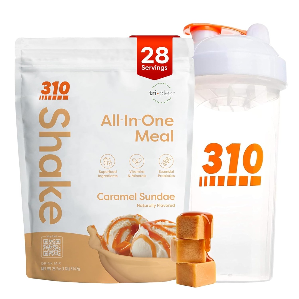 310 Nutrition All- in- One Meal Erstatning Shake Powder w / Shaker Cup Starter Kit - High Protein Fiber Rich Vegan Superfood Blend - Sugar- Free, Keto & Paleo Friendly, Low Carb - Caramel Sundae 28 srv