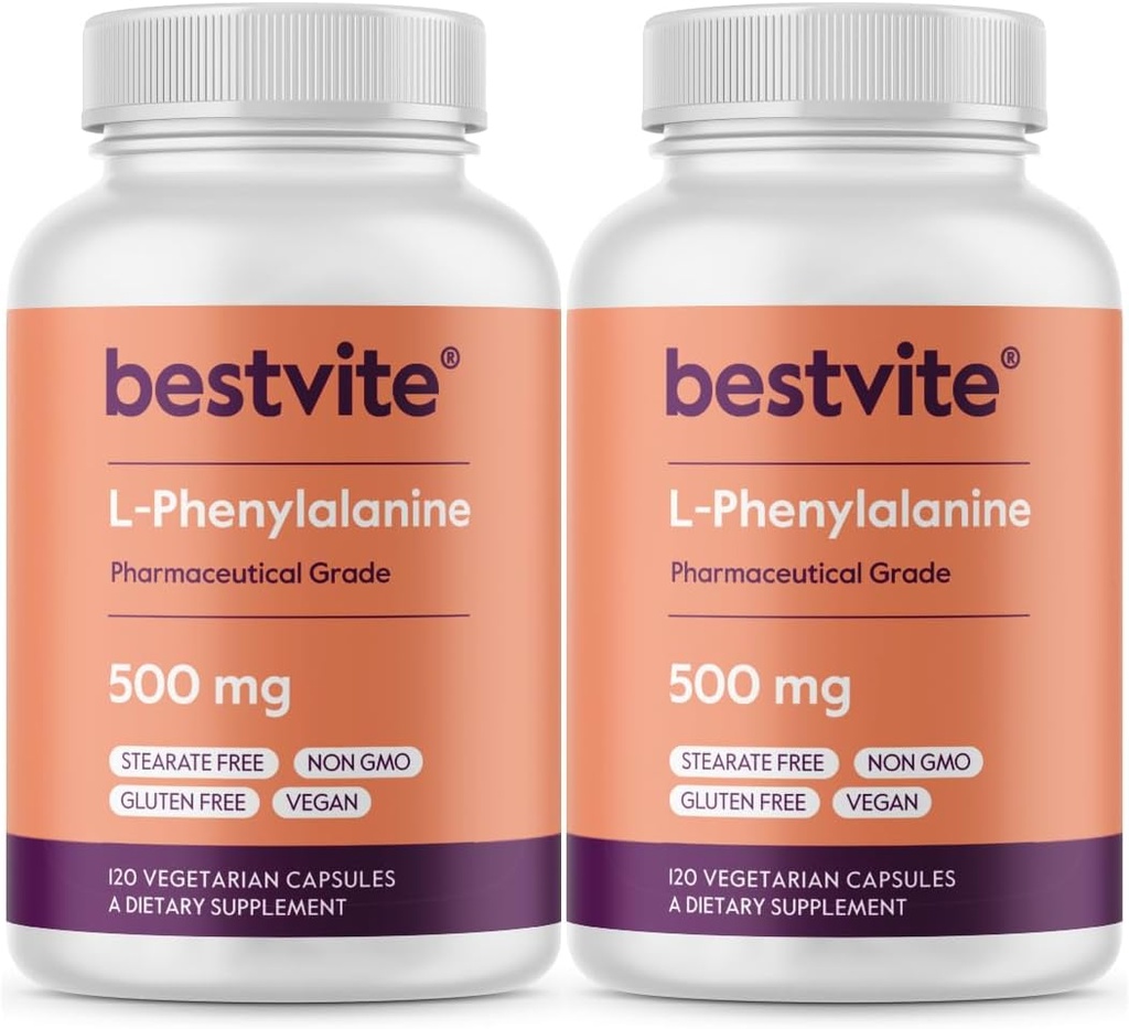 BESTVITE L- Phenylalanin 500mg (240 vegetariske kapsler) (2- Pack) - Ingen stearater - Vegan - Gluten Free - Ikke GMO