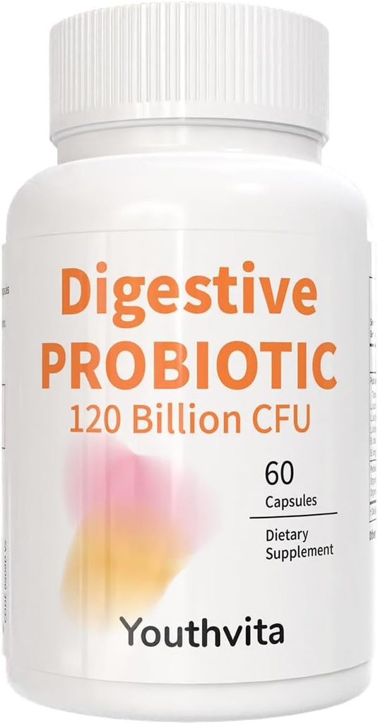 Probiotika med Prebiotika, 120 milliarder CFU, til Gut Health & fordøjelsesstøtte, Probiotika til kvinder & mænd, 60 kapsler