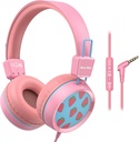 Ny Bee Kids hovedtelefoner Wired for School med mikrophone KH20 HD Stereo Safe Volume Limited 85dB / 94dB Foldbar letvægt til Girl / Mac / Android / Kindle / Tablet / Pad (Pink)