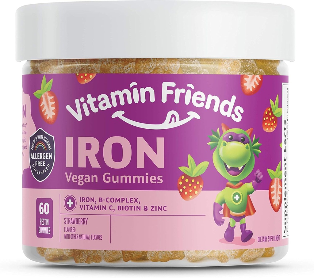 Vitamin Friends - Vegansk Multivitamin & Jern til børn - Daglig Nutritional Support Gummies w / Ferrous Fumarate B- Complex, Vitamin C, Zink, Biotin - Kropfunktion & Anæmi - Jordbær, (60 Day Supply)