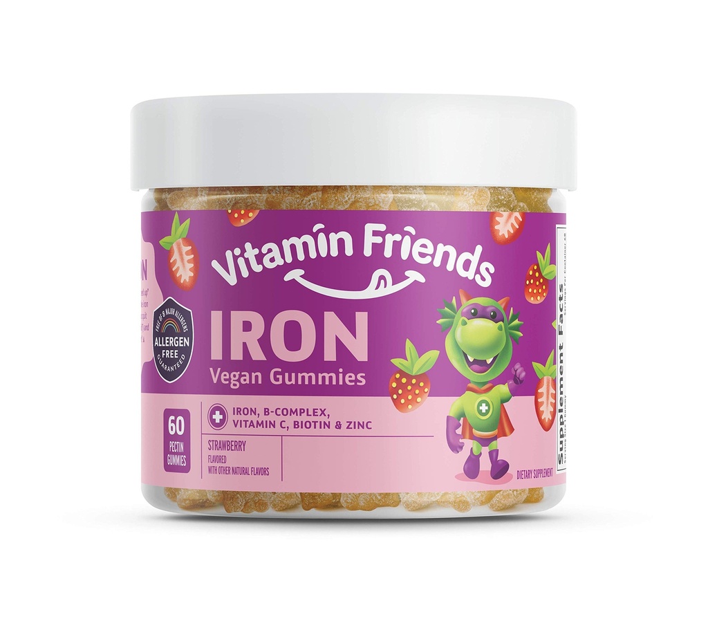 Vitamin Friends - Vegansk Multivitamin & Jern til børn - Daglig Nutritional Support Gummies w / Ferrous Fumarate B- Complex, Vitamin C, Zink, Biotin - Kropfunktion & Anæmi - Jordbær, (60 Day Supply)