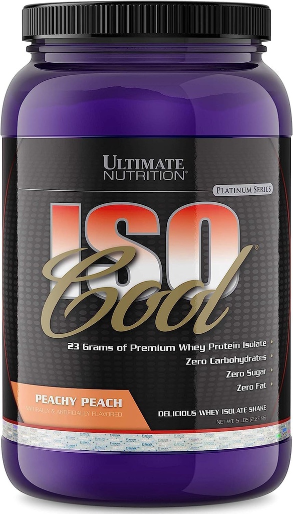 Ultimate Nutrition ISO Cool Whey Protein Isolate Powder, No Fat, No Sugar, Zero Carb Shake med Bcaa, Keto Friendly Post Workout Inddrivelse Drink, 23 Bedste Protein per servering, 2 Pounds, Peach Parfait