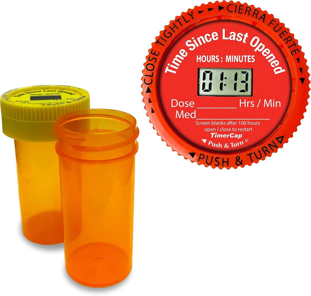 TimerCap Viser automatisk tid siden sidst åbnet - Build- in Stopwatch Smart Pill Flaske Cap Medication Reminder Case (Qty 2- 1.8 oz Amber Flasker) CRC