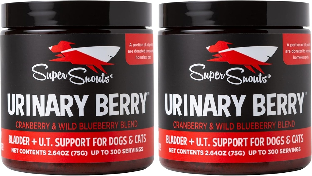Super snouts Urinary Berry Urinary Tract Kosttilskud til hunde & katte, Lavet i USA, US & Canadisk blåbær & Tranebær pulver, UTI, Nyre Health Support, Bstige Support til hunde (2,63 oz, pakke med 2)