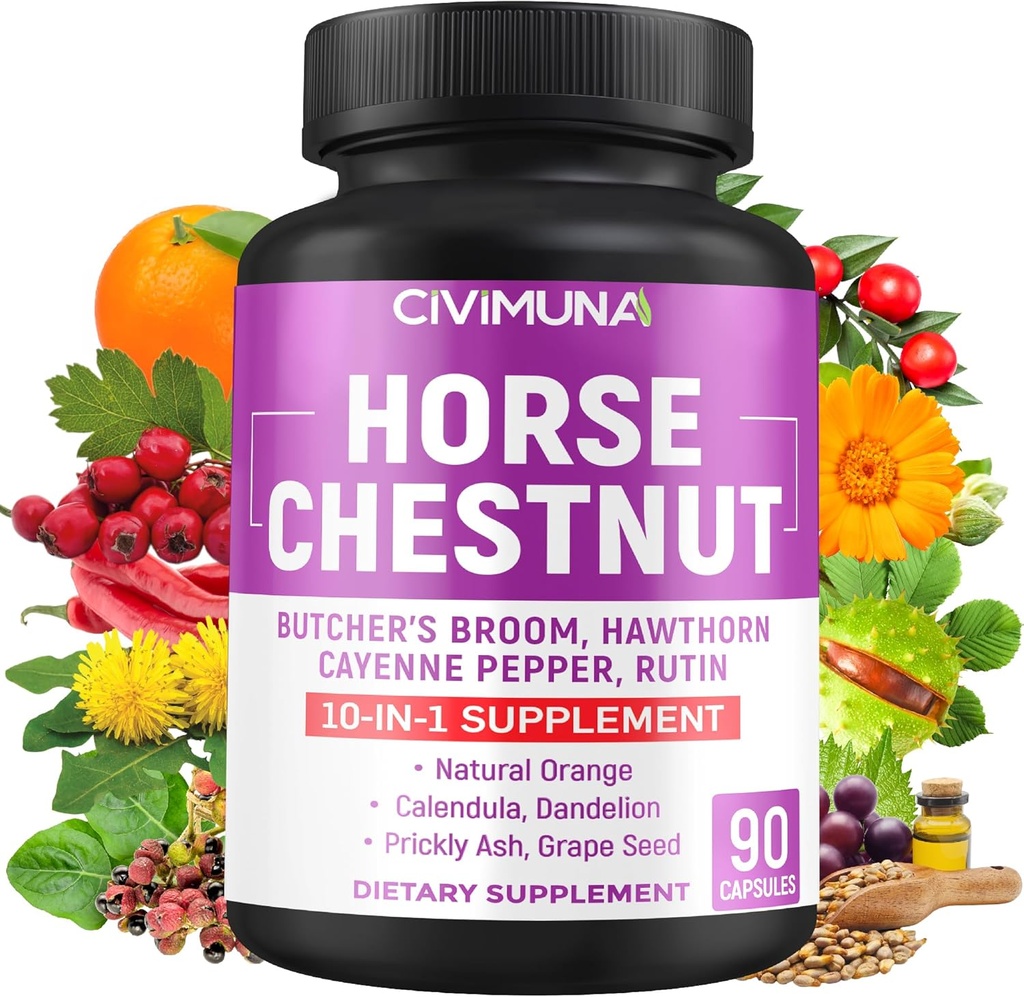 Horse Chestnut Capsules with Horse Chestnut, Butcher's Broom Root, Cayenne Pepper and More - 90 Capsules for 3 Months Supply