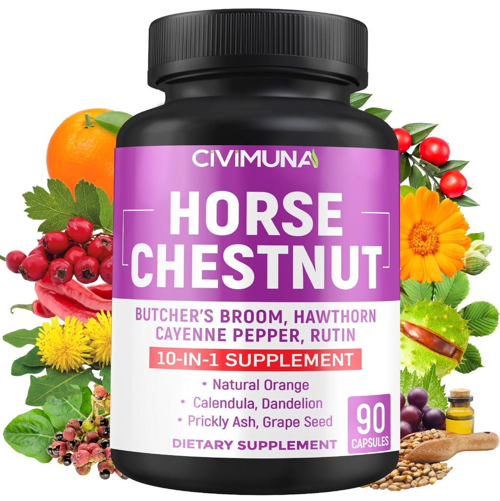 Horse Chestnut Kapsler med Horse Chestnut, Slagterum Root, Cayenne Pepper og mere - 90 Kapsler til 3 Måneders Tilgang