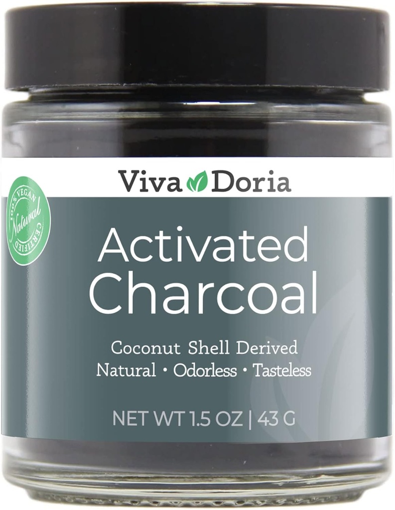 Viva Doria Virgin Aktiveret kul pulver, kokos Shell Derived, Food Grade, 1,5 Oz Glass Jar