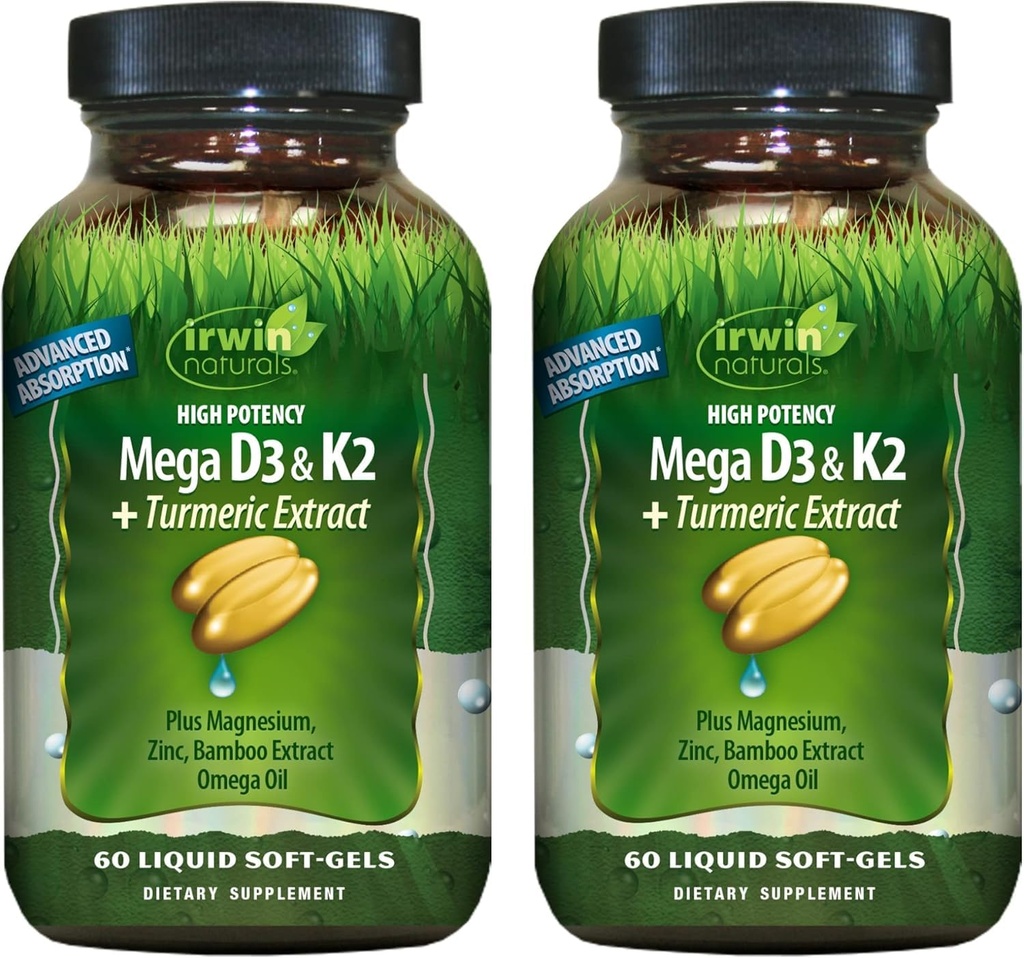 Irwin Naturals High Potency Mega D3 & K2 + Gurkemeje ekstrakt for sunde knogler, immunfunktion & positiv mood - Avanceret absorption med Magnesium, gurkemeje, Bamboo & Omega Oil - 60 flydende bløddele