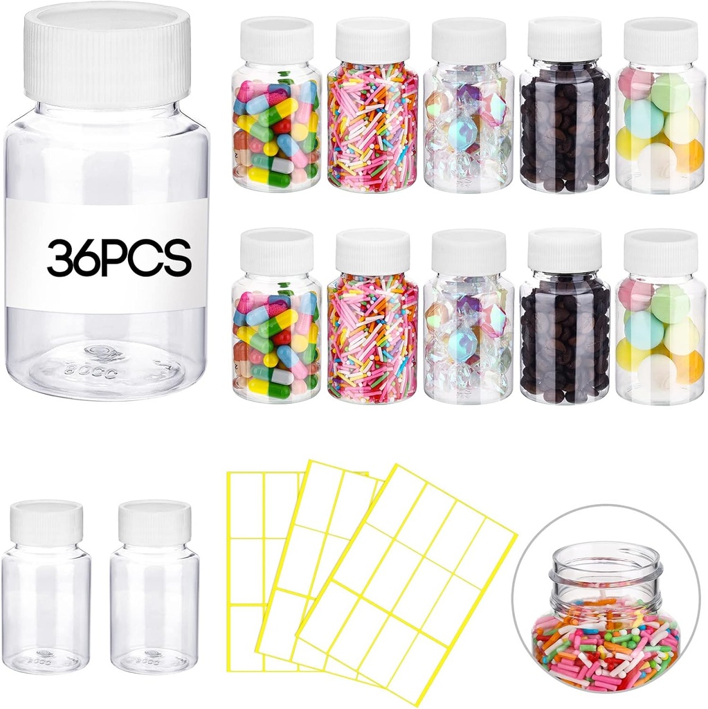 Vesici 36 Pcs 80 ml Clear Pill Flaske Plastic Medicin Tomme Reagens Flaske med hvid skrue Cap Solid Powder Case Genopfyldelige beholdere med etiket Sticker til flydende fast Powder Medicine