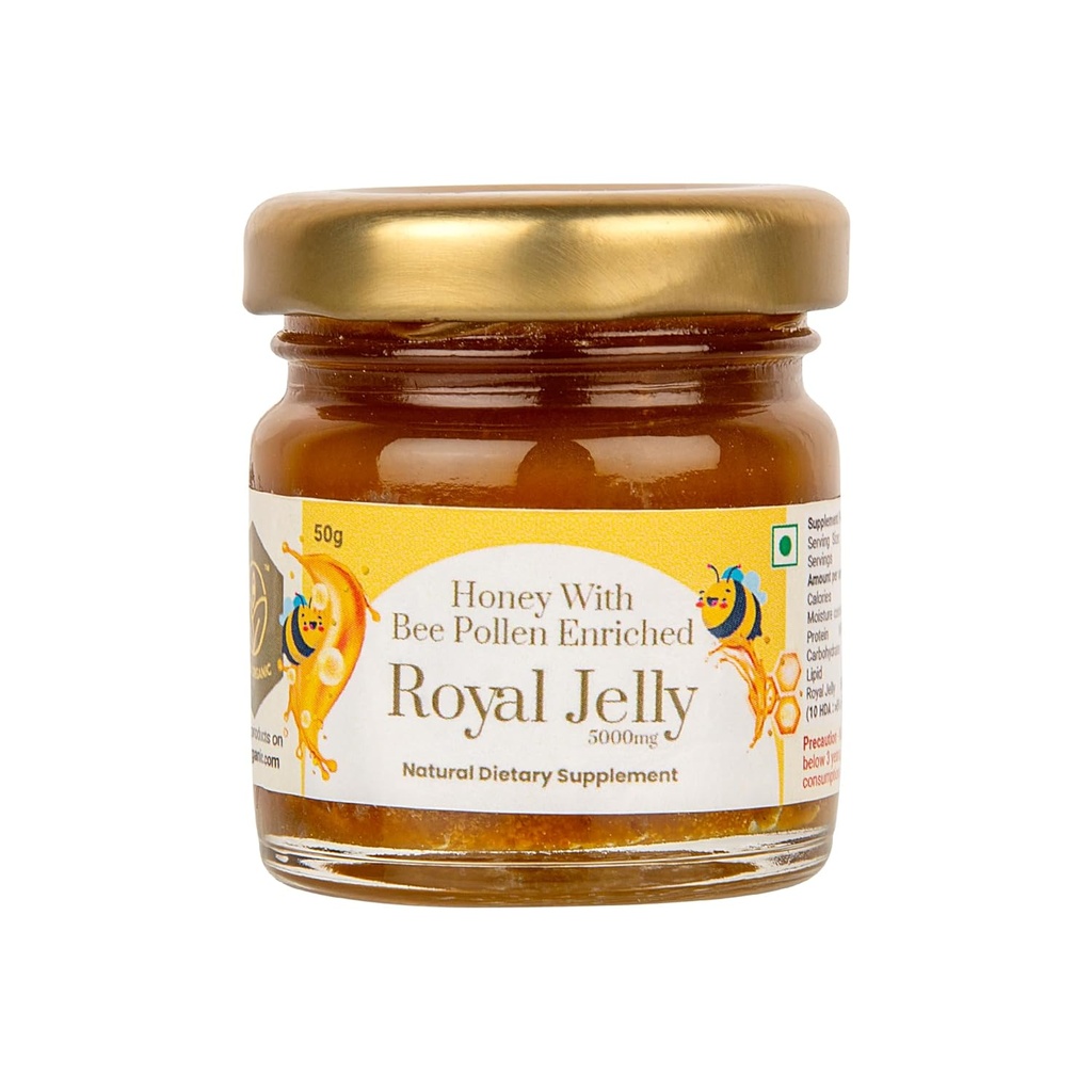 Shiva Organic Honey med Bee Pollen Beriget 2% Royal Jelly (50g) - Premium Organic Source - Uændret Raw Honey med Royal Jelly Infusion til holistisk Wellness