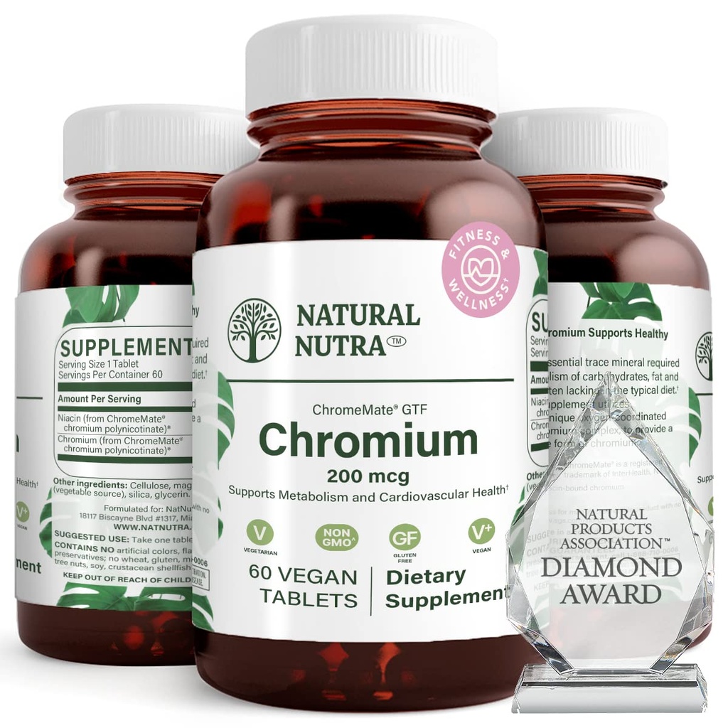 Naturlig Nutra GTF Chrom Polynicotinat med ChromeMate, understøtter Body Metabolisme, Promote Body Health, Cardiovaskulær Health 200 mcg, 60 Vegan tabletter